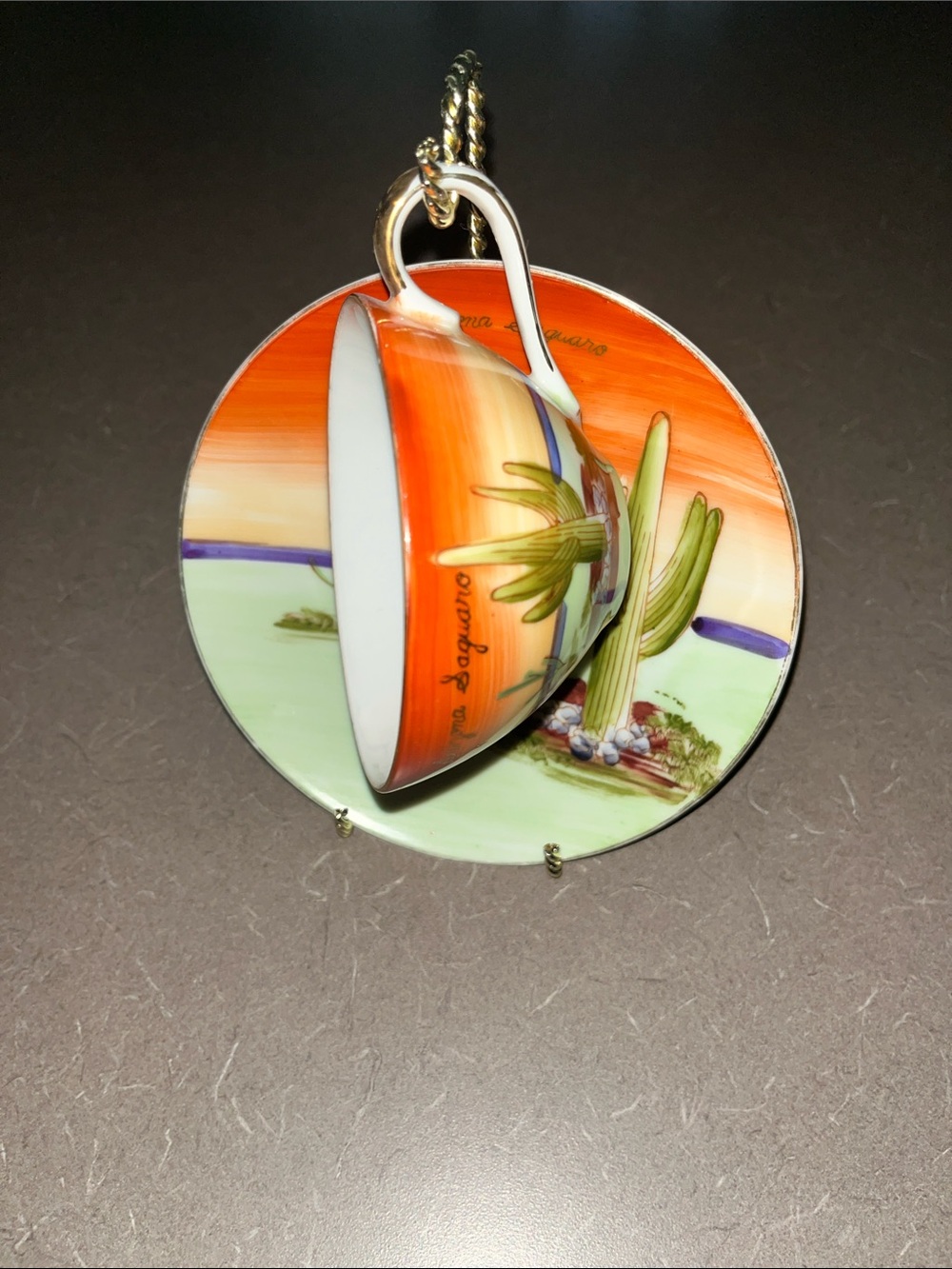 Hand-Painted Arizona Saguaro Decorative Teacup & Saucer Set with gold tone stand